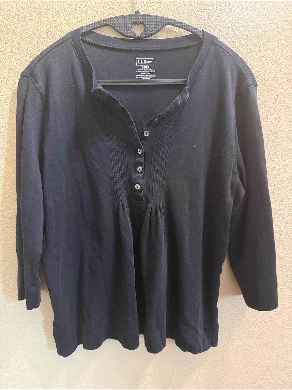 L.L. Bean Women's Black 3/4 Sleeve Henley with Pintuck Front